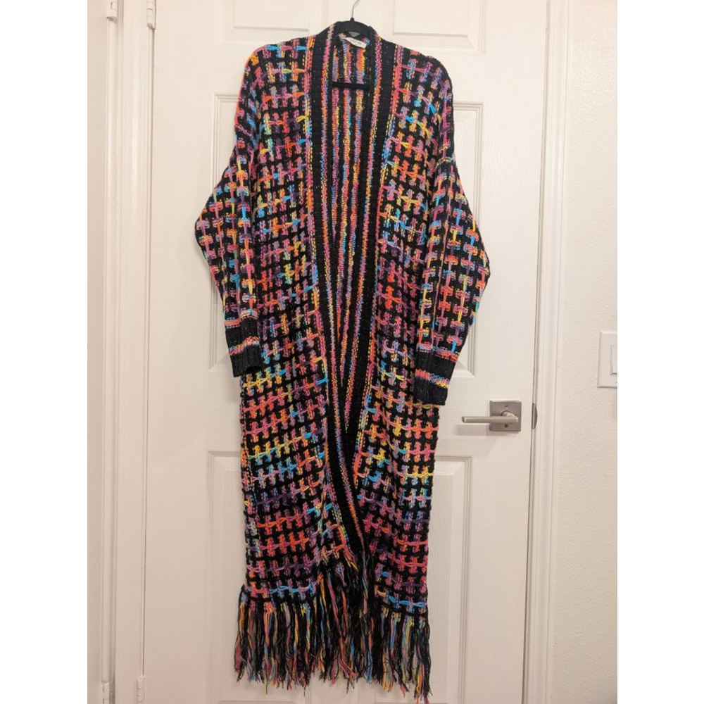 Colorful Woven Duster Coat - Open Front Longline Fringe Sweater XL Festival - Picture 2 of 10